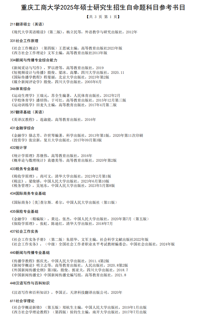 2025年<a href=https://www.211g.cn/tag/zhongqing.html target=_blank class=infotextkey>重庆</a>工商<a href=https://www.211g.cn/tag/daxue.html target=_blank class=infotextkey>大学</a>考研书目