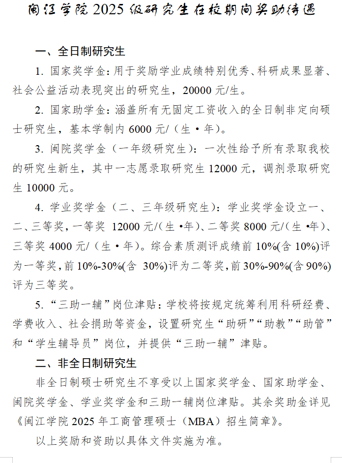 2025闽江<a href=https://www.211g.cn/tag/xueyuan.html target=_blank class=infotextkey>学院</a><a href=https://www.211g.cn/tag/yanjiusheng.html target=_blank class=infotextkey>研究生</a>奖学金和助学金有哪些，多少钱？